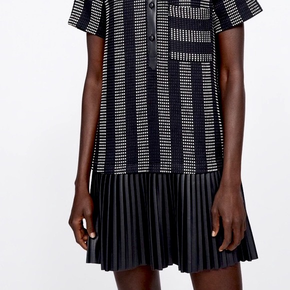 Zara Black + White Textured Woven Vegan Leather Pleated Dress *RARE* - Picture 8 of 11